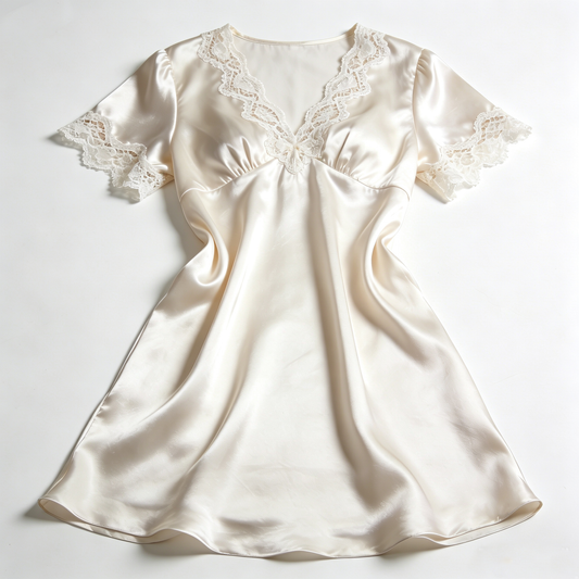 Cream Satin Short Sleeve Nightdress with Lace Trim