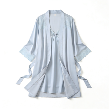 Light Blue Lace Trim Satin Robe & Slip Nightdress Set