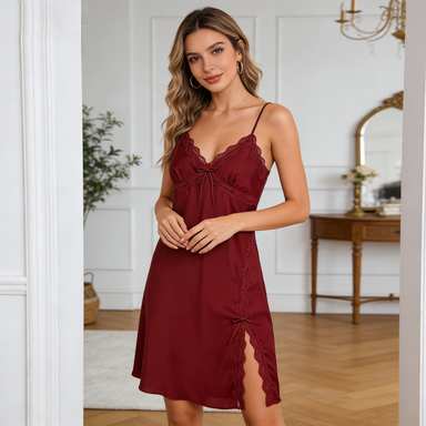 Burgundy Satin Slip Nightdress with Lace & Bow Details
