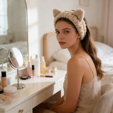 Beige Cat Ear Plush Spa Headband