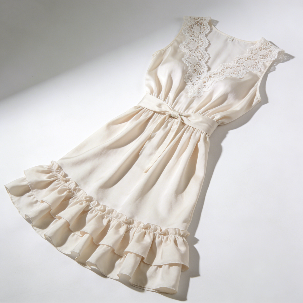Cream Lace Trim Sleeveless Satin Nightdress with Waist Belt