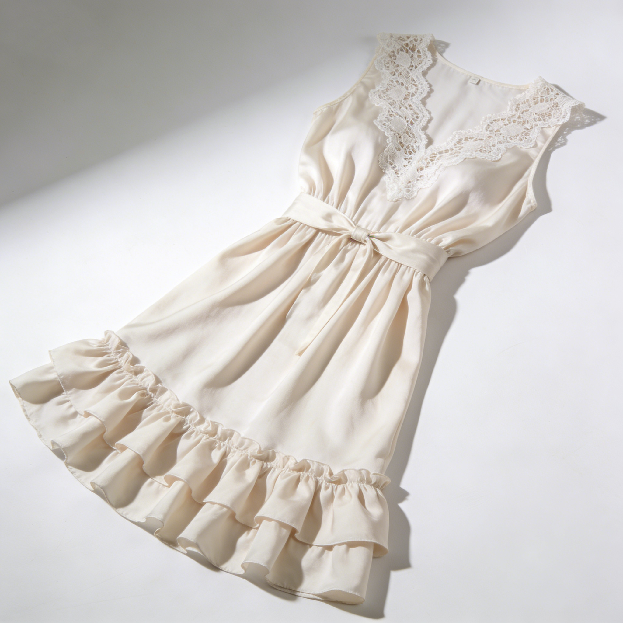 Cream Lace Trim Sleeveless Satin Nightdress with Waist Belt
