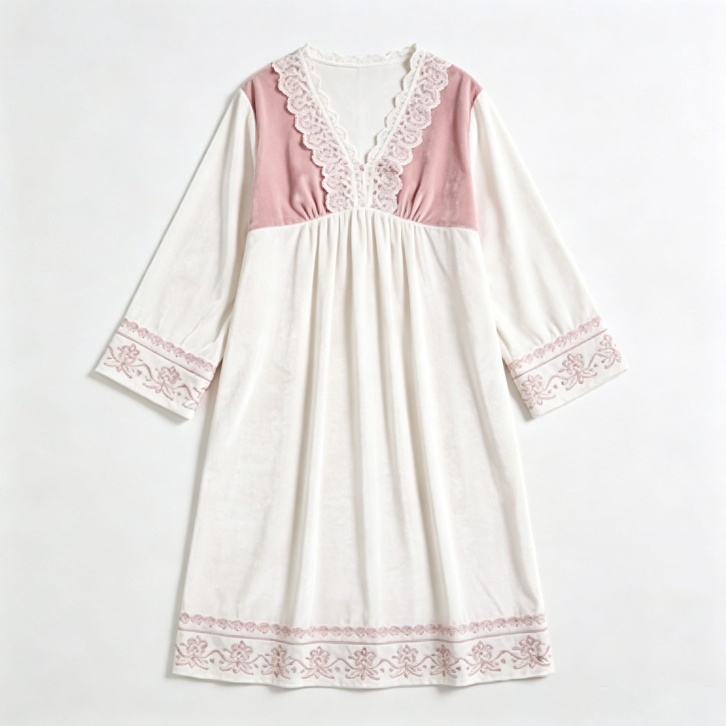 Pink & White Velvet Nightgown with Lace & Embroidery