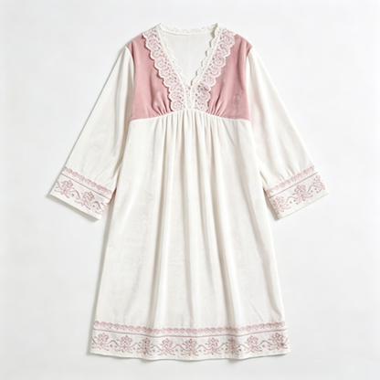Pink & White Velvet Nightgown with Lace & Embroidery