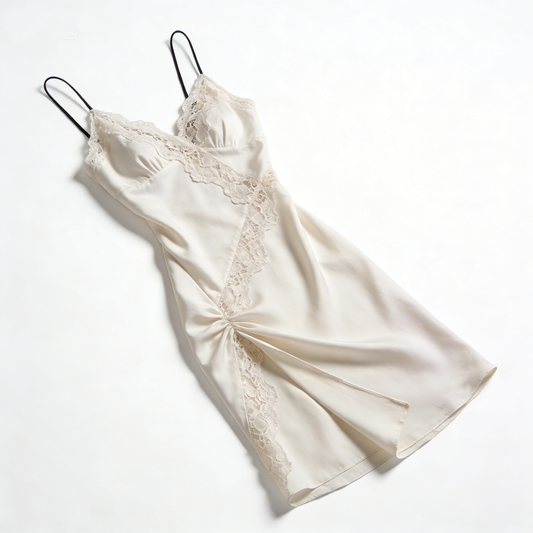 Cream Lace Trim Ruched Satin Slip Nightdress