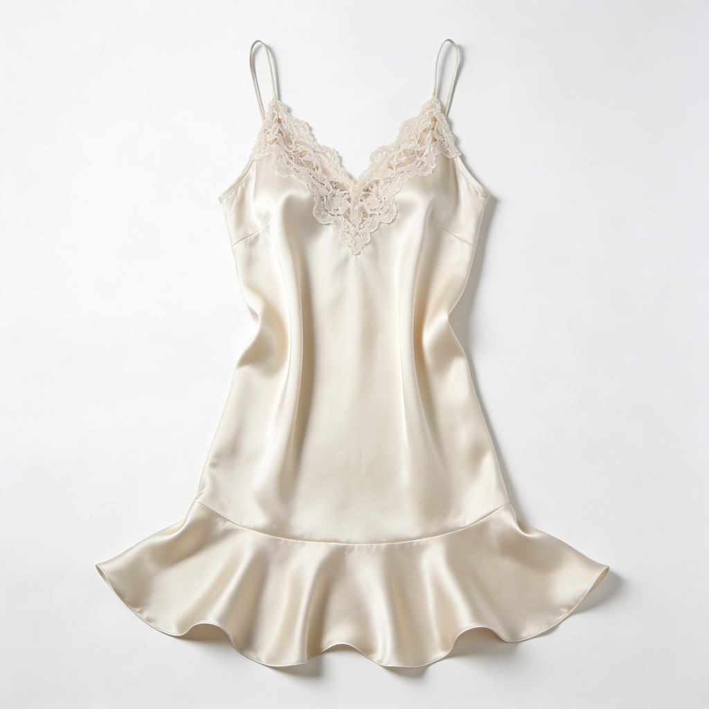 Cream Satin Slip Nightdress with Ruffled Hem