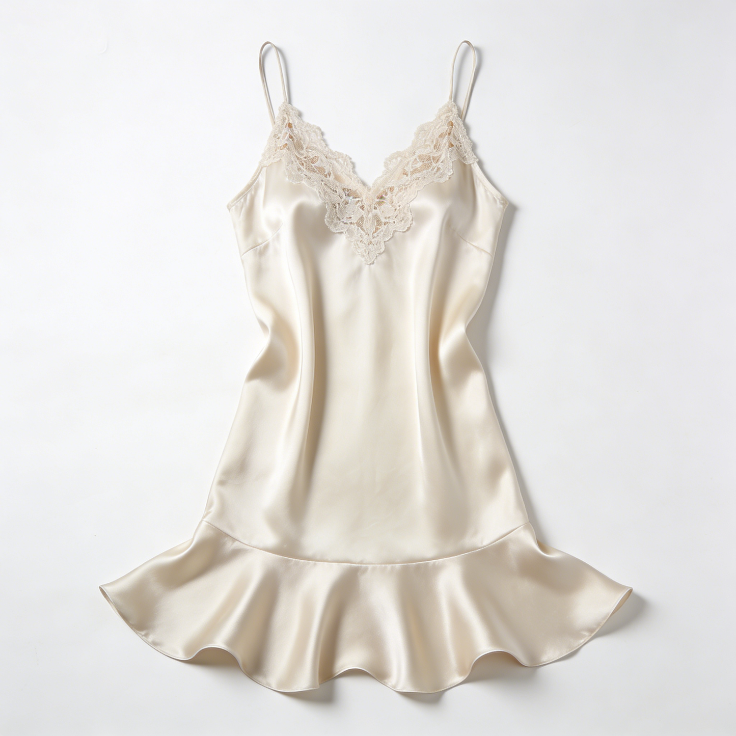 Cream Satin Slip Nightdress with Ruffled Hem