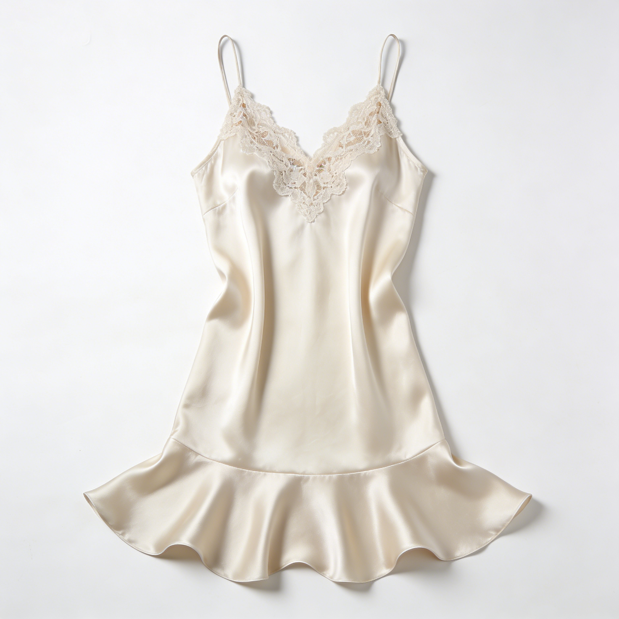 Cream Satin Slip Nightdress with Ruffled Hem