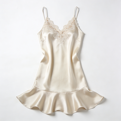 Cream Satin Slip Nightdress with Ruffled Hem