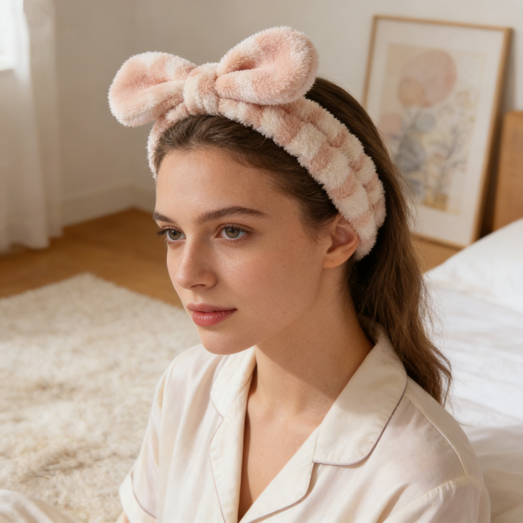 Beige Tie-Dye Plush Bow Spa Headband