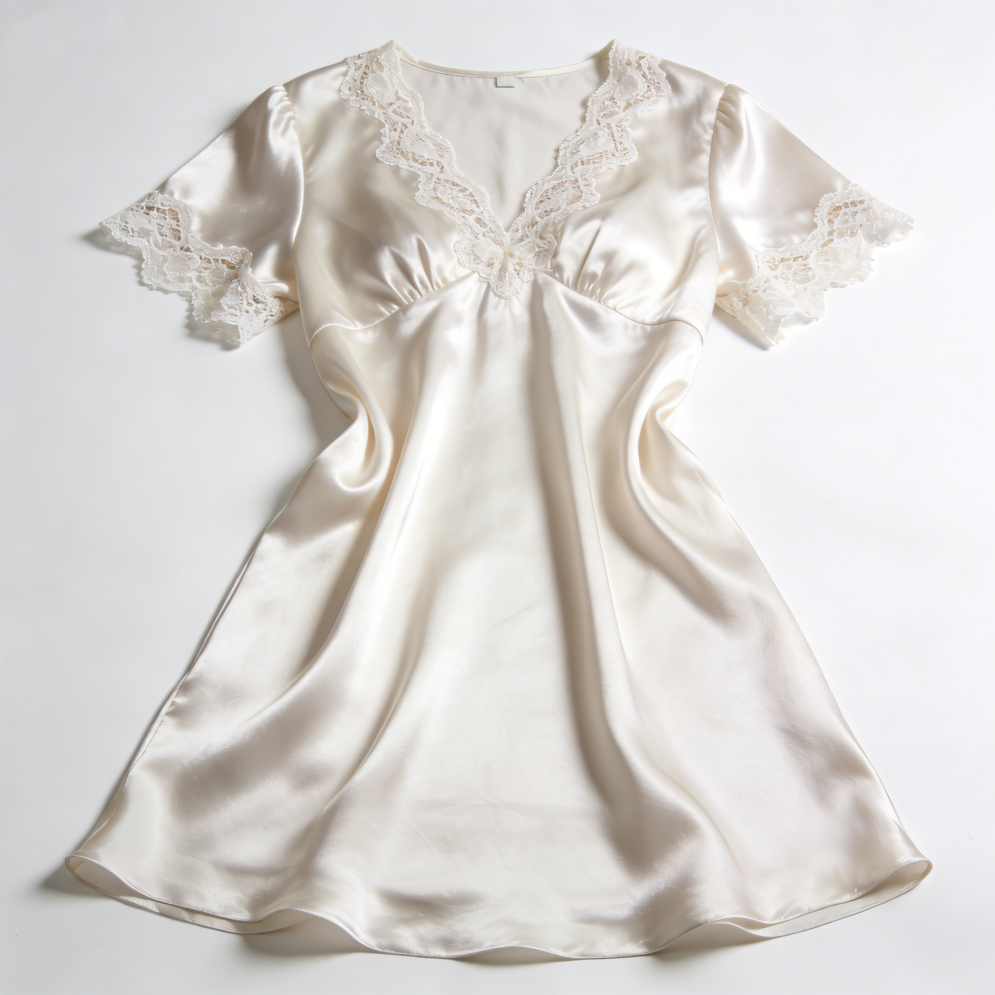 Cream Satin Short Sleeve Nightdress with Lace Trim