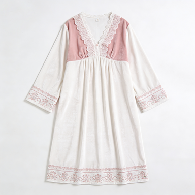 Pink & White Velvet Nightgown with Lace & Embroidery