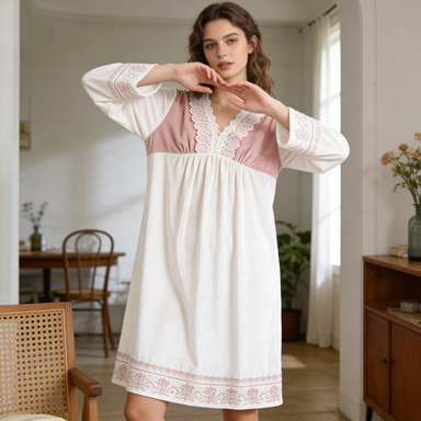 Pink & White Velvet Nightgown with Lace & Embroidery