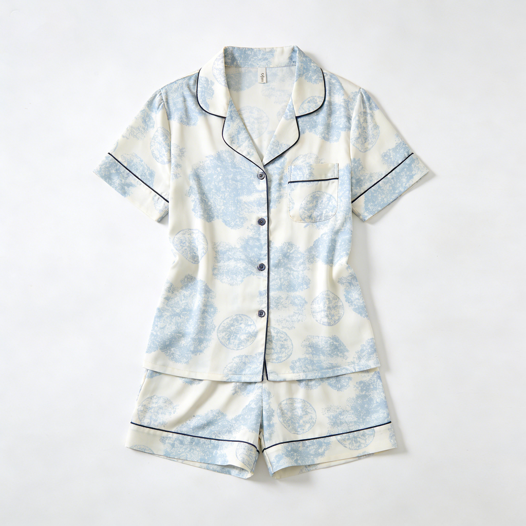 Blue & White Cloud Print Short Sleeve Pajama Set