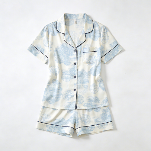 Blue & White Cloud Print Short Sleeve Pajama Set