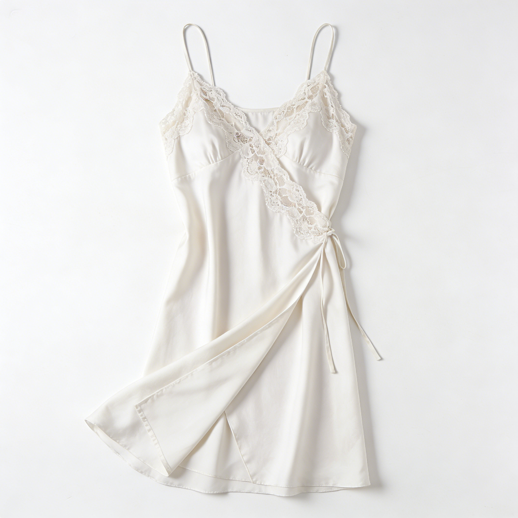 Cream Satin Wrap Slip Nightdress with Lace Trim