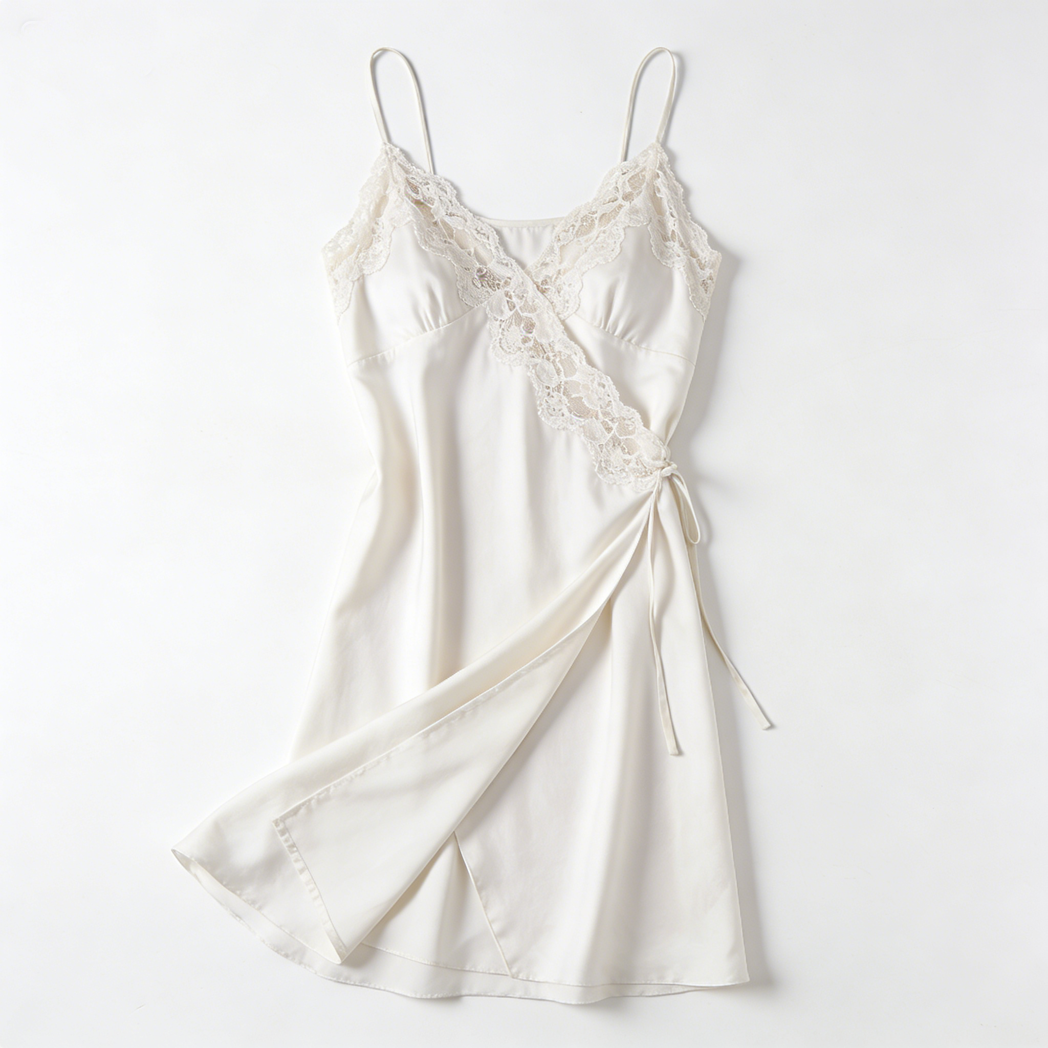 Cream Satin Wrap Slip Nightdress with Lace Trim