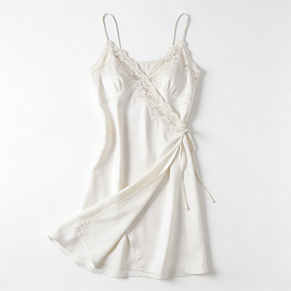 Cream Satin Wrap Slip Nightdress with Lace Trim