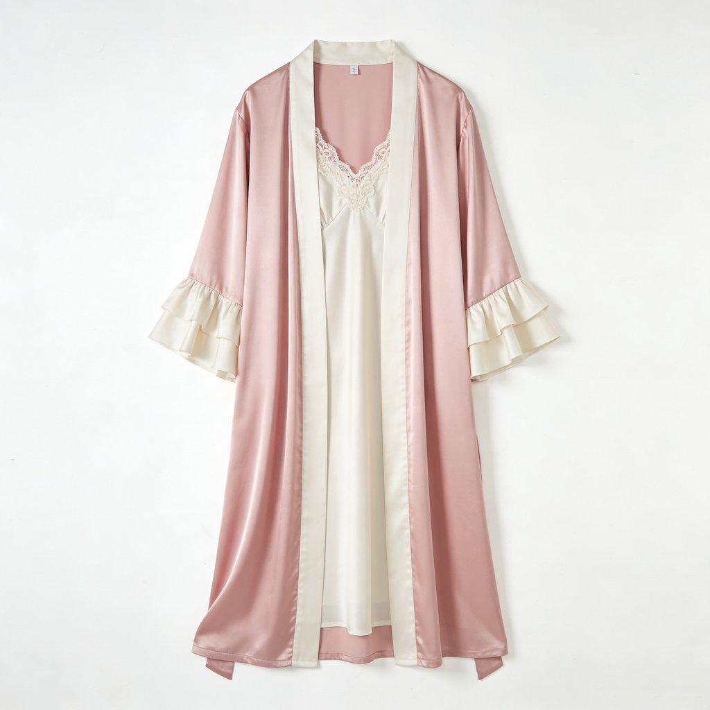 Pink Satin Robe & Cream Lace Slip Nightdress Set