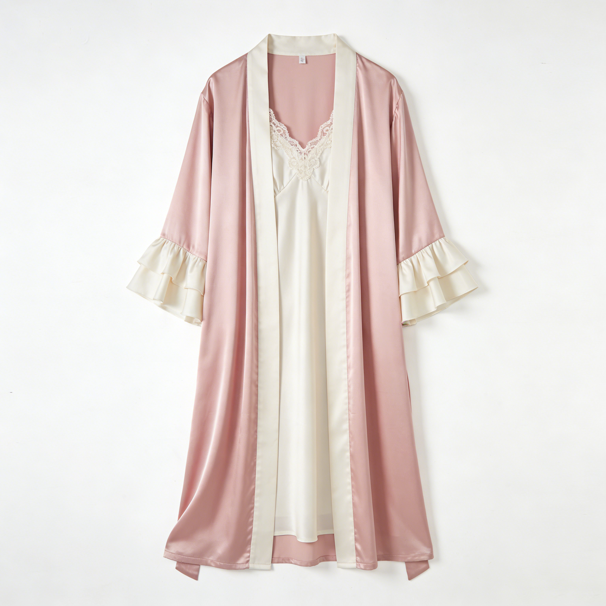 Pink Satin Robe & Cream Lace Slip Nightdress Set