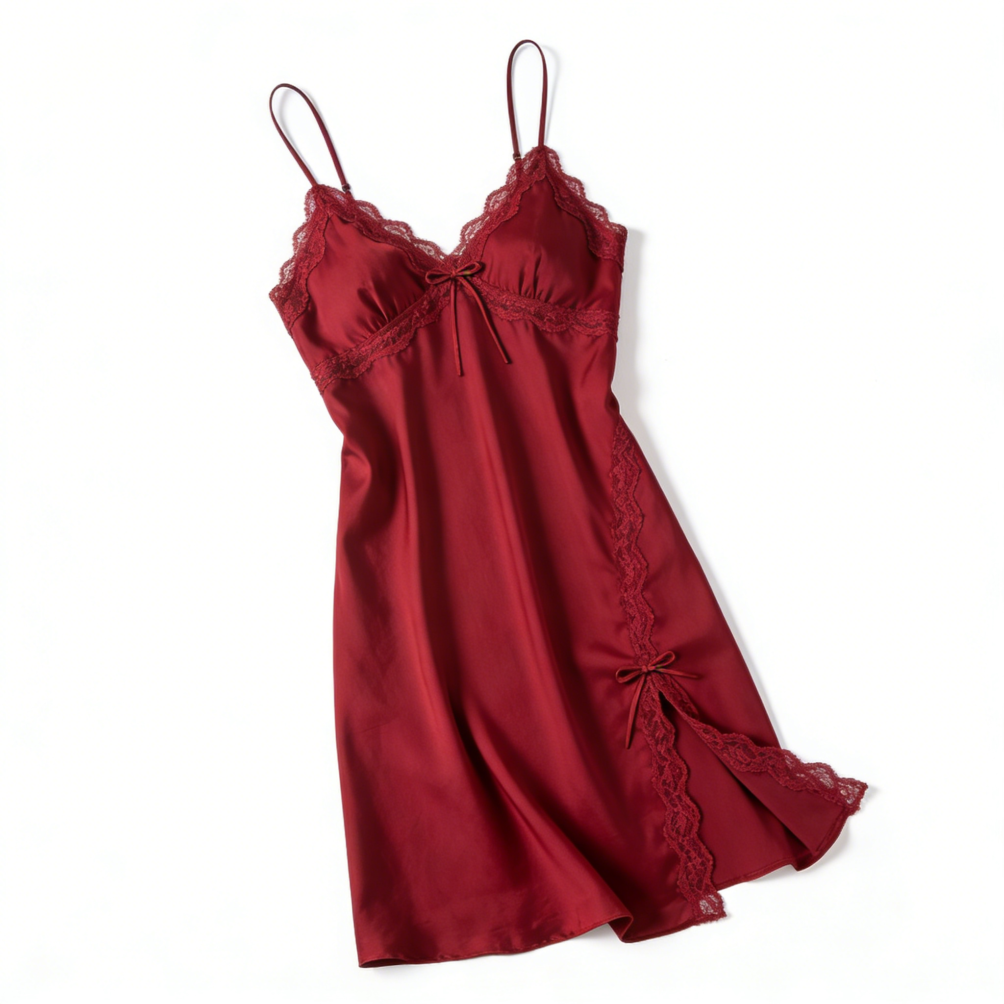 Burgundy Satin Slip Nightdress with Lace & Bow Details