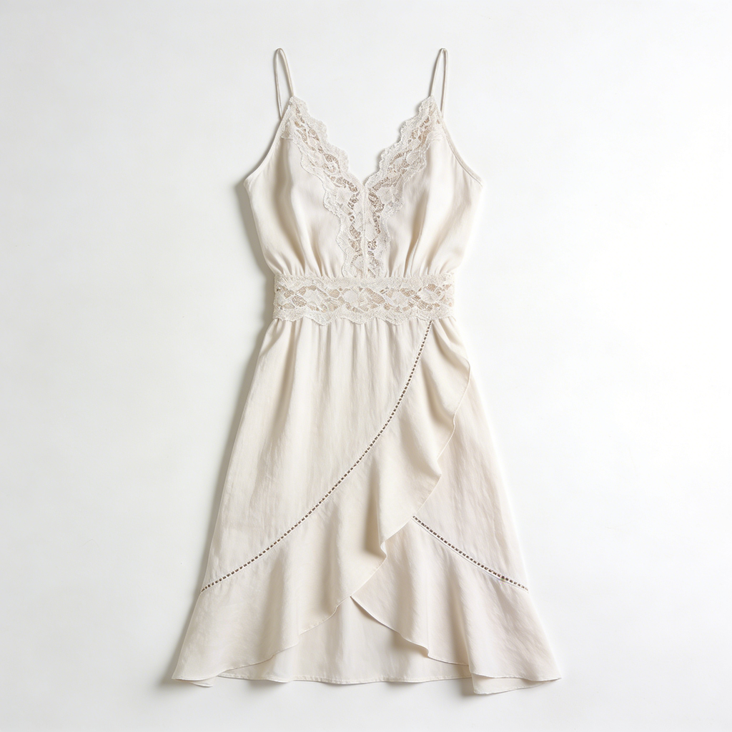 Cream Lace Waist Slip Nightdress with Asymmetrical Ruffle Hem