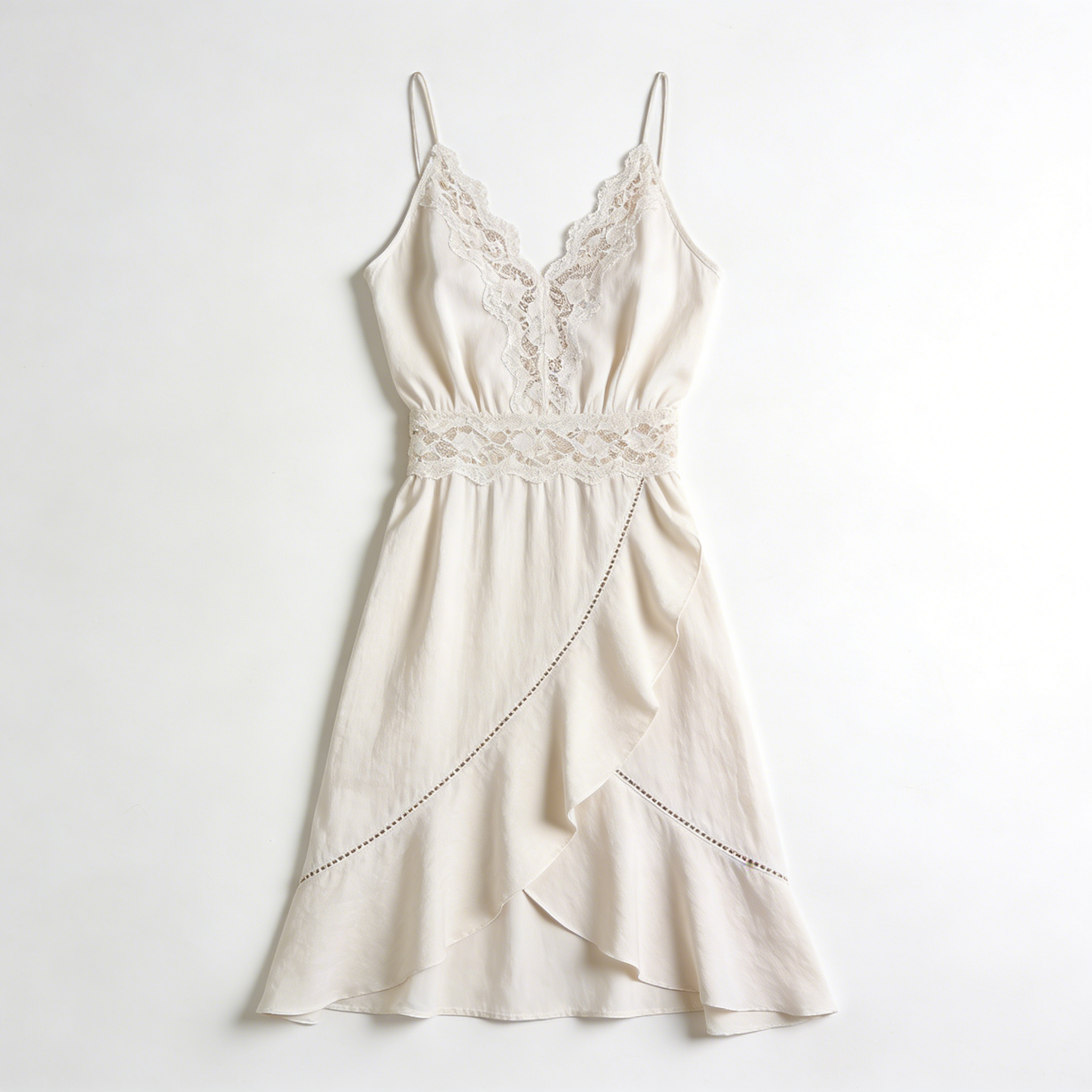 Cream Lace Waist Slip Nightdress with Asymmetrical Ruffle Hem
