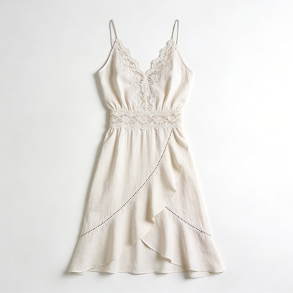 Cream Lace Waist Slip Nightdress with Asymmetrical Ruffle Hem