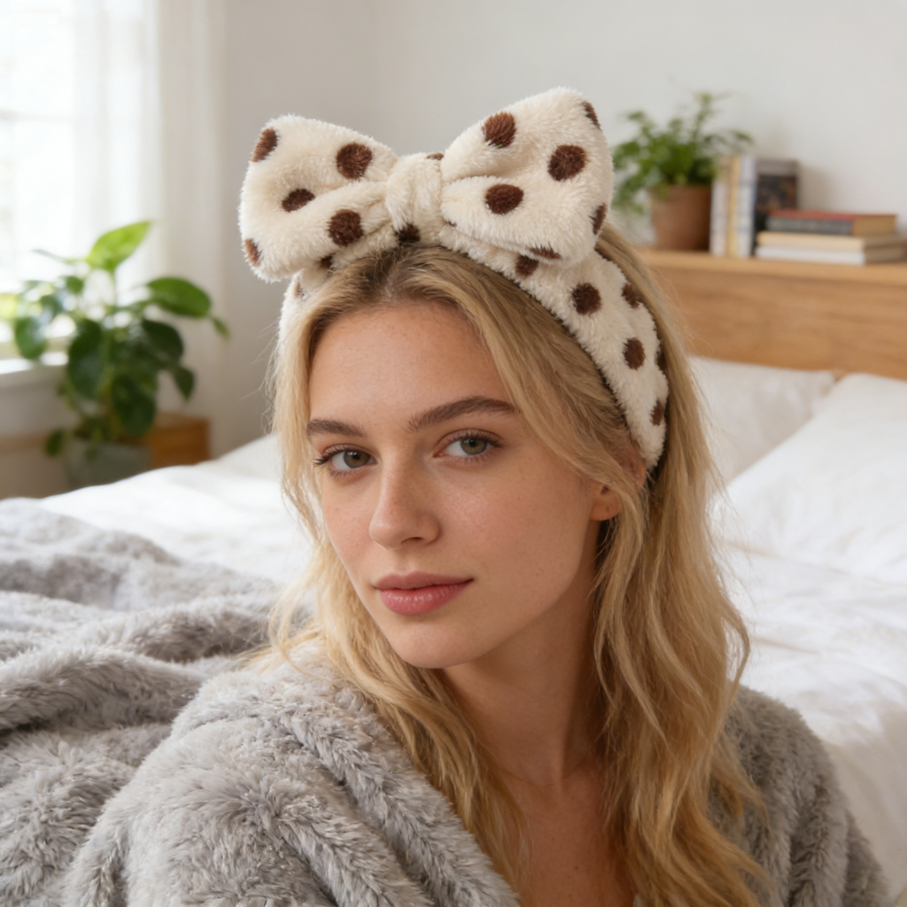 White Polka Dot Plush Bow Spa Headband
