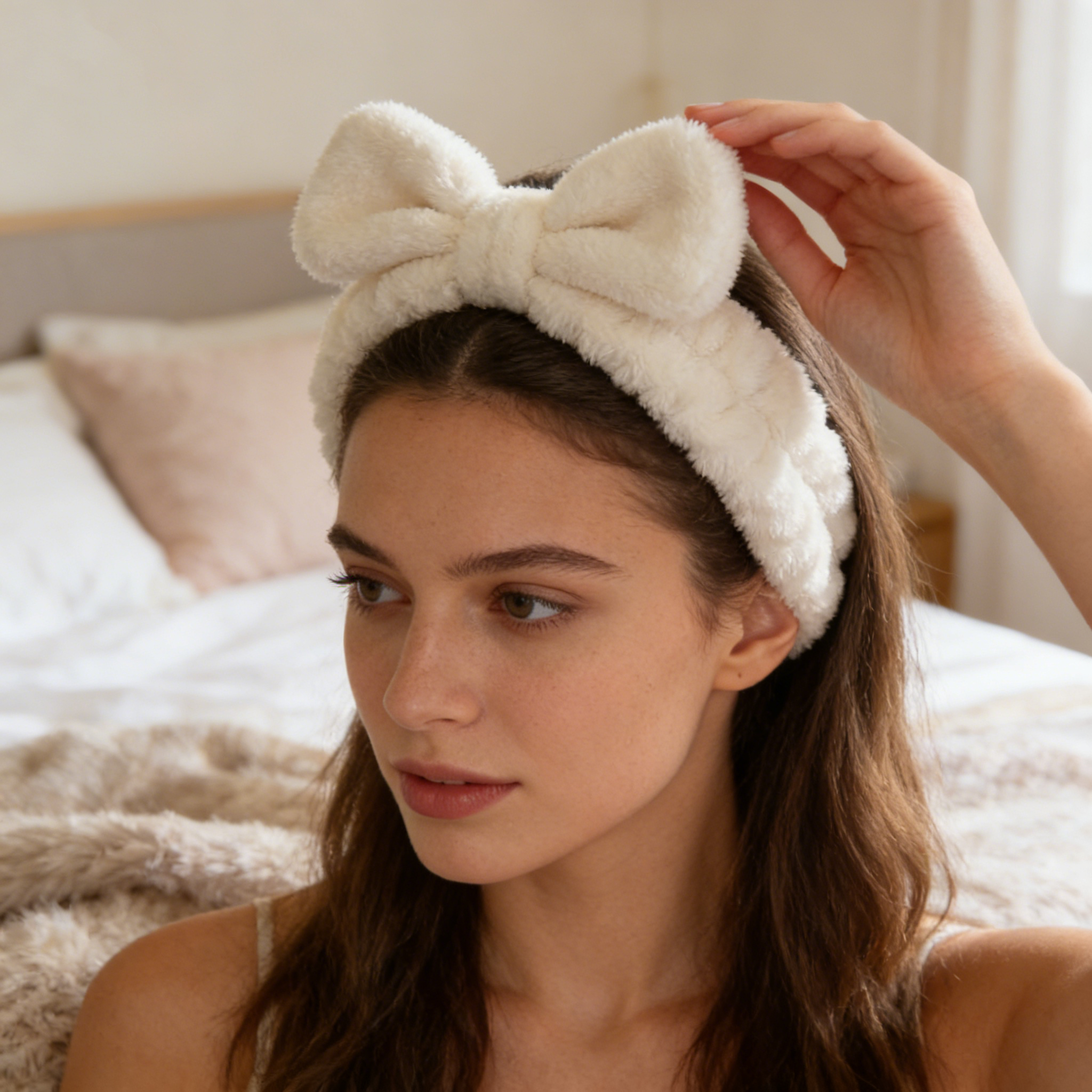Oversized White Plush Bow Spa Headband