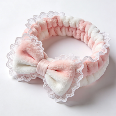 Pink & White Gradient Plush Bow Spa Headband with Lace Trim