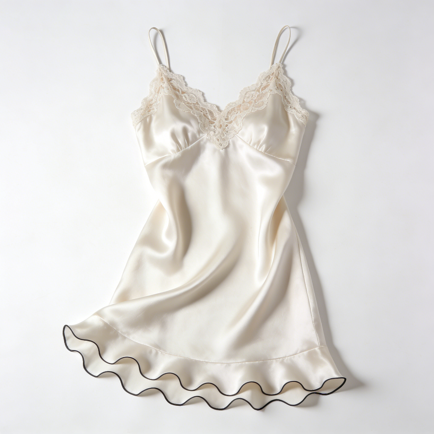 Cream Satin Slip Nightdress with Black Trimmed Ruffle Hem