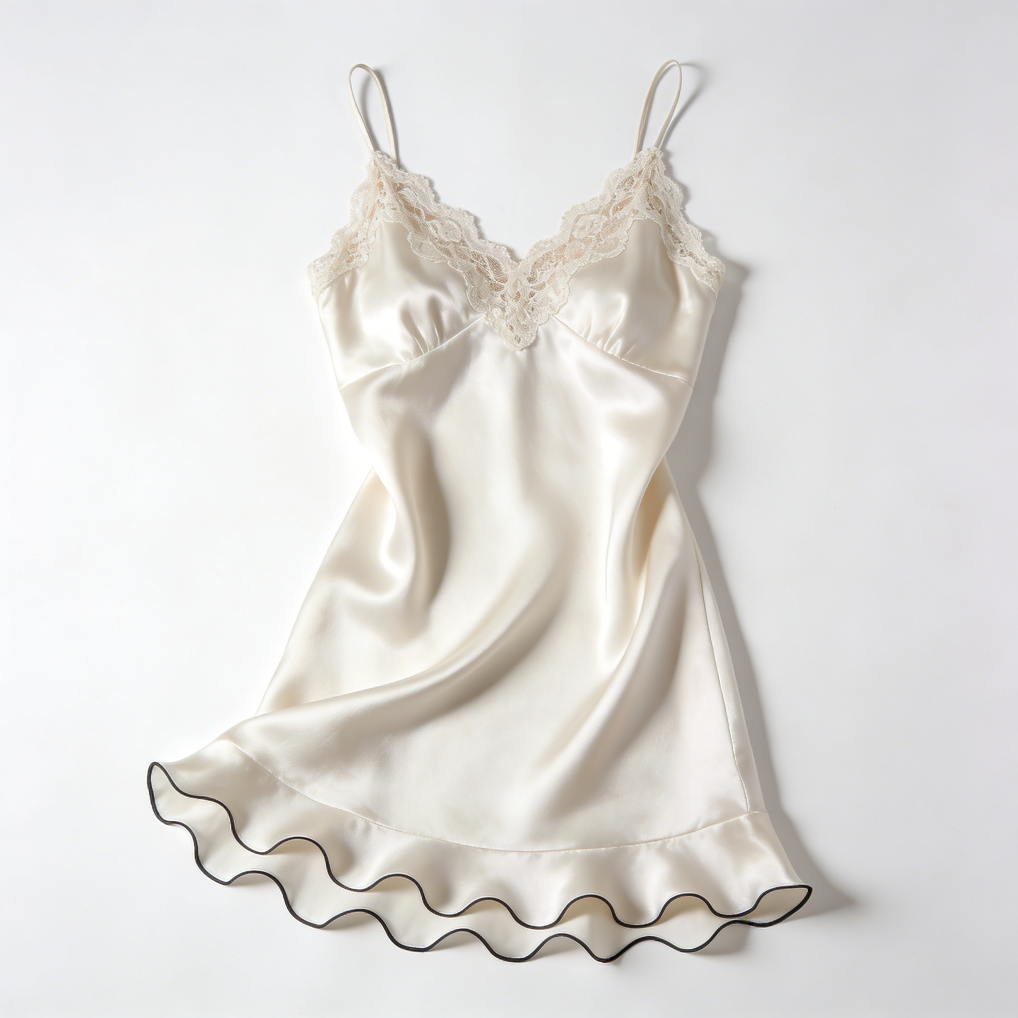 Cream Satin Slip Nightdress with Black Trimmed Ruffle Hem