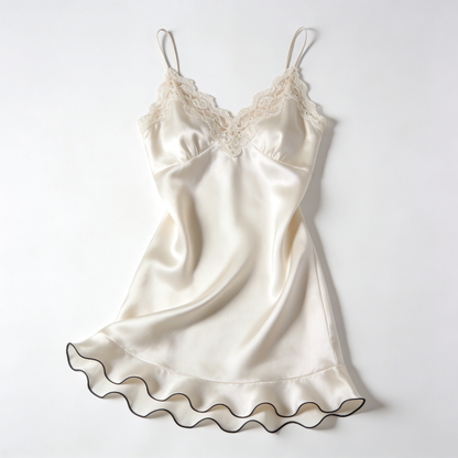 Cream Satin Slip Nightdress with Black Trimmed Ruffle Hem