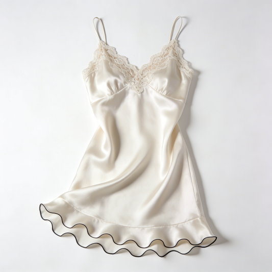 Cream Satin Slip Nightdress with Black Trimmed Ruffle Hem